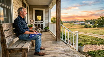 Fototapeta premium Mature veteran sitting on a porch bench holding a folded American flag at sunset. Patriotic senior man reflecting while looking at rural farm landscape. Labor Day concept
