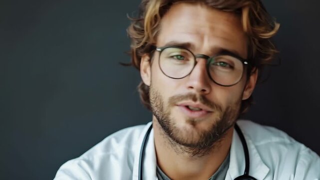 Positive and professional portrayal of a confident man in medical attire with glasses, exuding trust and approachability