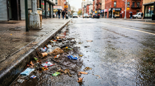 Muddy trash and litter accumulated in a wet city street gutter. Environmental pollution concept with discarded plastic and face mask on urban road