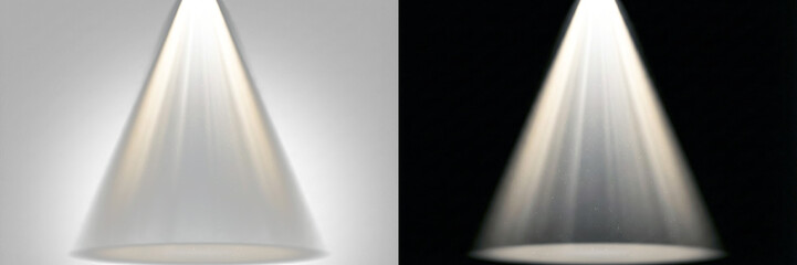 Bright white volumetric spotlight beam pointing down for product presentation and stage lighting overlay effect isolated on transprent background PNG © Pixora