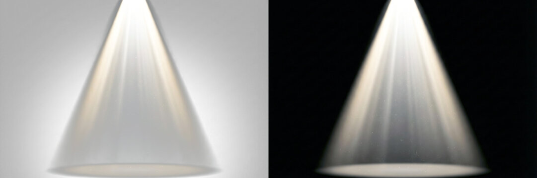 Bright white volumetric spotlight beam pointing down for product presentation and stage lighting overlay effect isolated on transprent background PNG