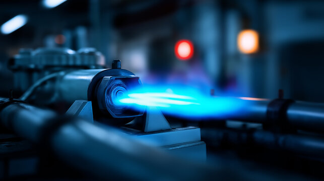 Industrial gas burner flame heating metal pipeline in advanced manufacturing environment