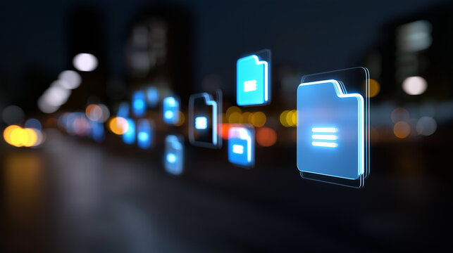 Floating email and media icons in a sleek digital communication network concept with depth of field