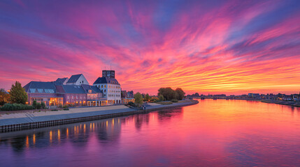 Fototapeta premium Riverside houses at sunset with vivid sky reflections along the waterfront