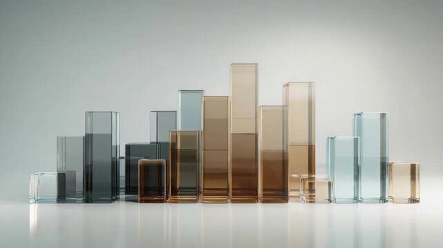 A row of tall glass prisms in shades of blue, gray, and amber stands like a modern city skyline on a reflective surface; soft light and reflections create a minimalist still-life