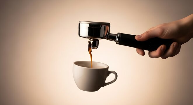 Tangan memegang portafilter mesin espreso menuangkan kopi ke dalam cangkir putih