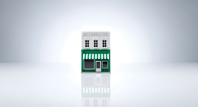 Model miniatur toko dengan tenda hijau dan putih di latar belakang terang