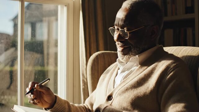 Elderly man writing in a journal by the window.