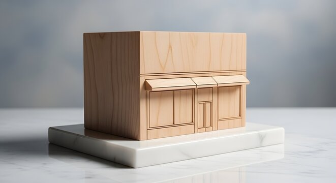 Model maket miniatur fasad toko kayu polos di atas marmer