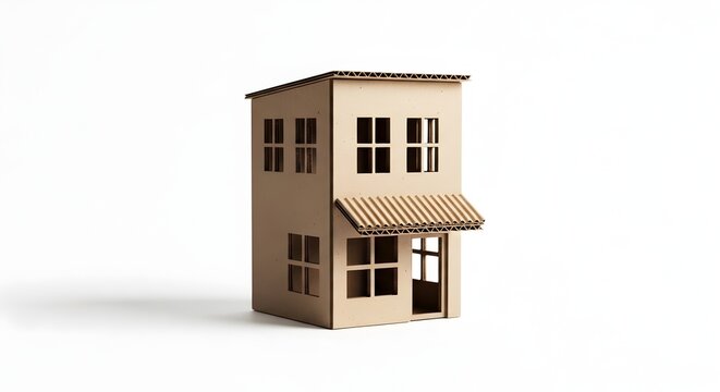 Model miniatur bangunan toko sudut tiga dimensi yang terbuat dari kardus ramah lingkungan di atas latar belakang terang