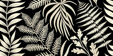 Elegant botanical pattern featuring ferns and tropical leaves on black © Sabita