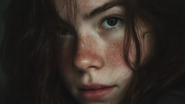 A close-up of a young woman with freckles and wind-tousled hair; her blue-green eyes glow with a thoughtful gaze, while soft light highlights skin texture in a quiet, intimate portrait
