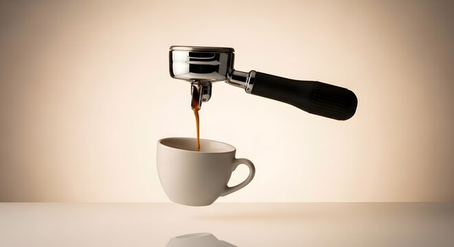 Konsep surealis portafilter melayang menuangkan kopi espreso ke dalam cangkir putih yang mengambang di atas latar belakang krem