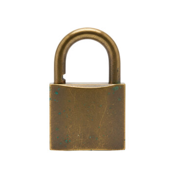 A detailed macro shot of a vintage brass padlock, featuring a weathered antique patina and subtle shadows on a transparent background, conveying timeless security and mystery
