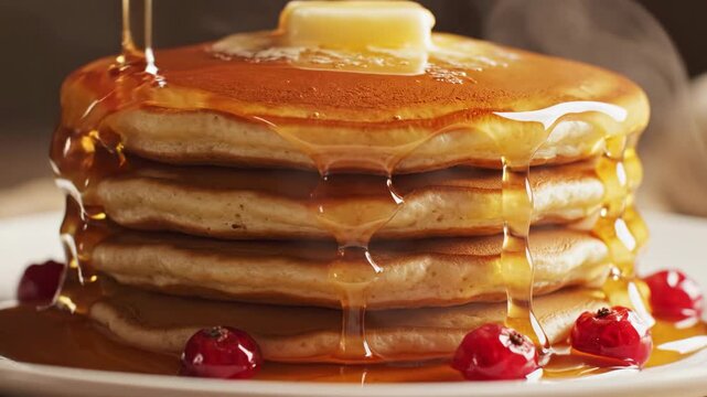 Delicious Stack of Pancakes with Butter and Syrup.