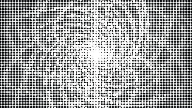 Monochrome abstract pattern of black dots on gray grid creating radial explosion effect, digitally generated.