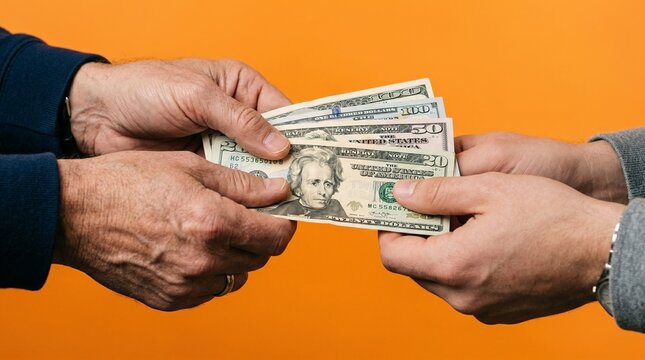 A close-up shot of two individuals exchanging a stack of US dollar bills against a vibrant orange background, conveying a sense of financial transaction and commerce.
