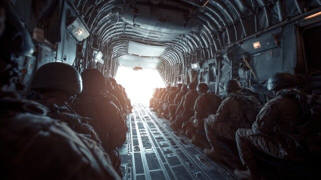 Soldiers sitting in a military cargo aircraft before deployment. Armed troops in uniform and helmet prepared for mission inside plane. Air transport for army operation, war concept.