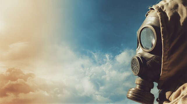 Man wearing a military gas mask standing against a cloudy sky. Concept of war, environmental threat, survival, and chemical catastrophe. Atmospheric scene of post-apocalyptic future crisis.