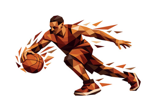 Dynamic Basketball Crossover. ow-poly vector illustration of a basketball player performing a crossover drive, angular faceted