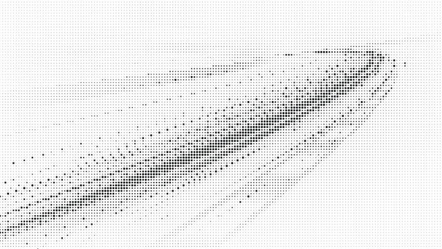 Abstract monochrome pattern of black dots on gray grid background creating dynamic shape and shadowy effect of comet trail.