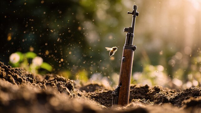 Rifle stuck in the ground with a bee flying near it in a meadow. Symbol of peace and conflict. Nature reclaiming abandoned weapon on the battlefield. Conceptual antiwar imagery.