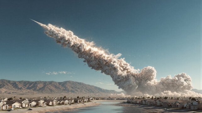 Missile strike destroying residential suburb. Impact of rocket explosion with large smoke cloud over town houses. Military conflict and war disaster concept. Destructive weapon air attack.