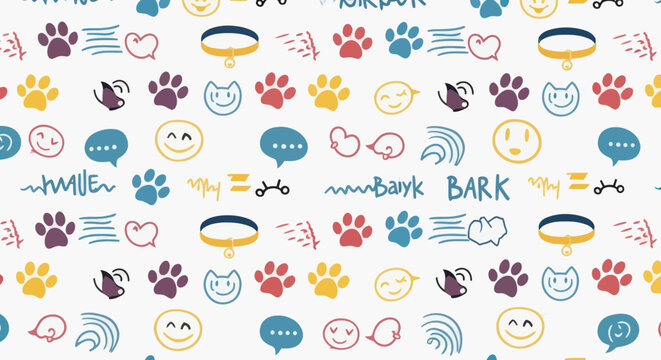 Colorful dog paw print icons pattern.