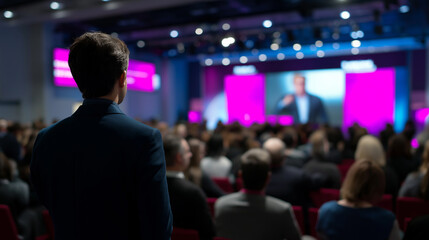 Fototapeta premium Speaker presenting on stage in front of audience with colorful lights representing conference, event and public speaking.