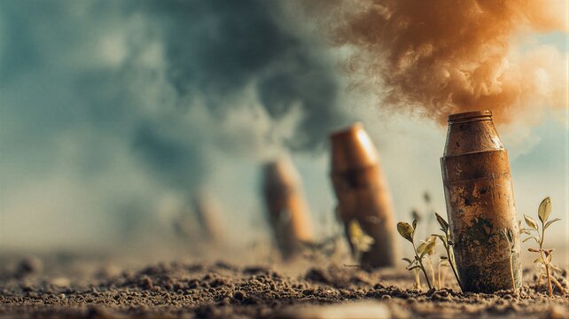 Smoldering bullet casing stuck in dirt with smoke rising. Concept of war and military destruction. Metal cartridge shell on battlefield as symbol of violence and conflict consequences.