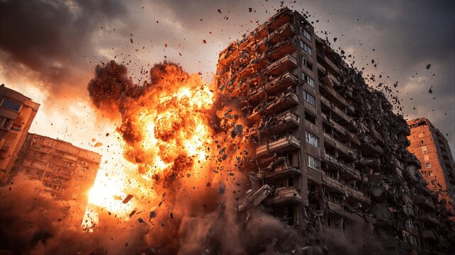 Explosion destroying residential building during war. Military missile attack on city street with debris flying and fire. Conflict zone destruction and humanitarian tragedy concept.