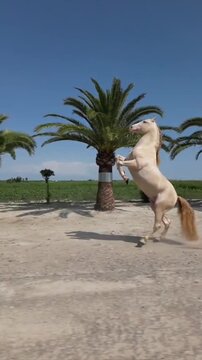 Powerful Horse Rearing Up Against Blue Sky and Tropical Trees