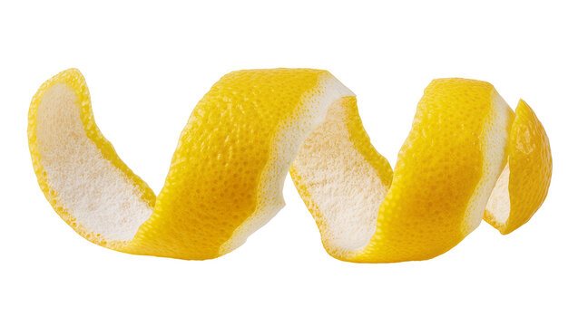Bright yellow lemon peel spiral textured zest and white pith, isolated on transparent background