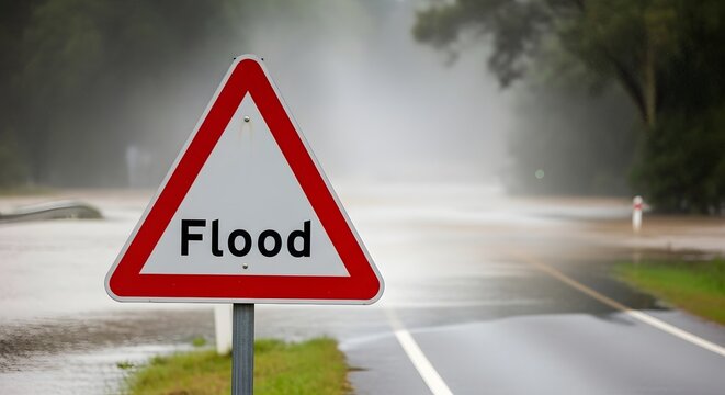 Warning sign indicating a flood on a rainy road with poor visibility ahead