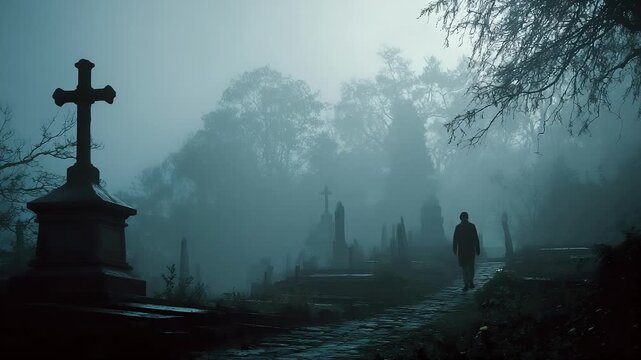Description: A foggy graveyard at dusk; a lone figure walks a cobblestone path among crosses and tombstones, shrouded by blue-gray mist and bare trees