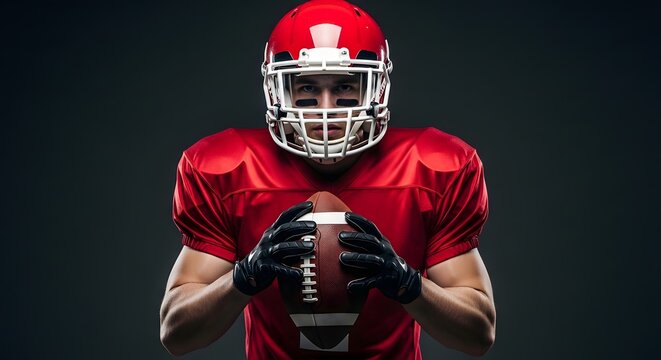 Determined football player holding an american football ready for action