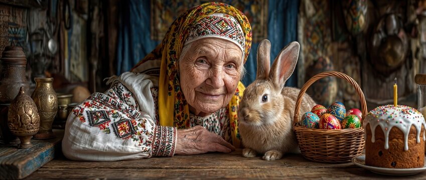 Portrait of elderly woman in traditional embroidered clothing with rabbit, Easter basket of decorated eggs and traditional cake on rustic table