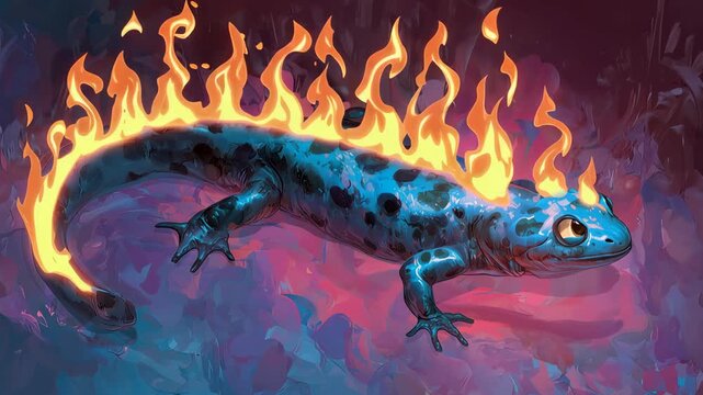 Vibrant Illustration of a Blue Salamander with Fiery Flame Appendages Against a Colorful Fantasy Background