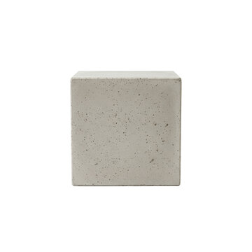 A perfectly symmetrical concrete cube with a textured porous surface isolated on a white background, minimalist industrial design atmosphere