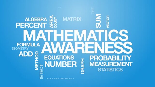 mathematics awareness concept Animated Tag Word Cloud kinetic typography, Text Design Animation typography seamless loop video motion graphics Intro Wordart blue background backdrop bg clip footage