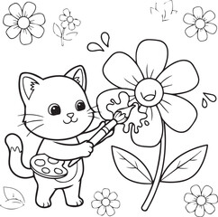 Obraz premium Cute Cartoon Kitten Painting Large Smiling Flower Line Art Vector Illustration