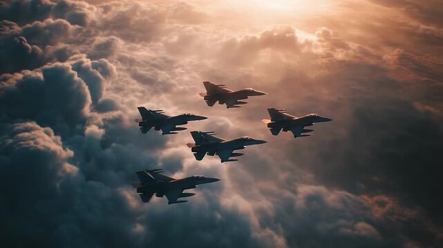 A squadron of fighter jets in tight formation soars above orange-tinted clouds at sunset, bathed in warm light across a dramatic sky