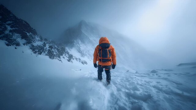 Winter season adventure exploration. A vivid portrayal of a solitary figure, likely a mountaineer, traversing a snowcovered mountain. The figure wears a bright orange jacket, dark pants.