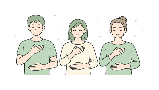 People focusing mental wellness during a quiet breathing exercise, standing side by side with gentle hand placement and steady
