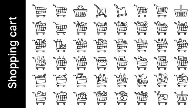 Shopping cart line style icons, 40 unique objects including supermarket cart, grocery cart, hand basket, foldable cart, push cart,