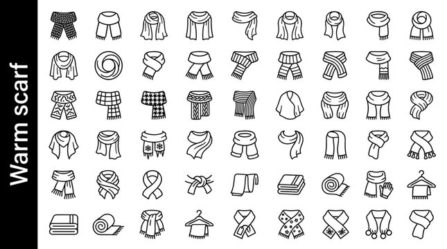 Warm scarf line style icons, 40 unique objects including knitted scarf, wool scarf, cashmere scarf, cotton scarf, silk scarf,