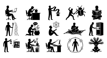 Obraz premium A comprehensive set of black and white silhouette icons related to technology, programming, data science, problem-solving, and magical metaphors for modern work and digital innovation.