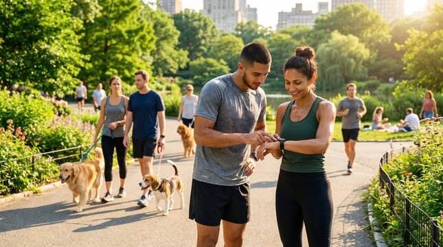A man and woman review their smartwatch data while on a sunny park path. Other people walk dogs, jog, and relax on the grass in Central Park, New York City