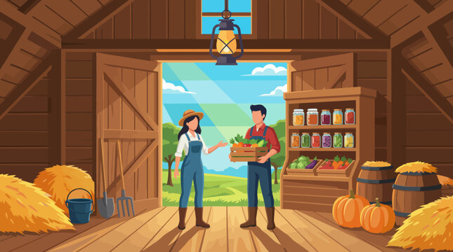 A vibrant and inviting illustration of two farmers engaging in friendly conversation inside a rustic barn, showcasing the spirit of community and agricultural life.