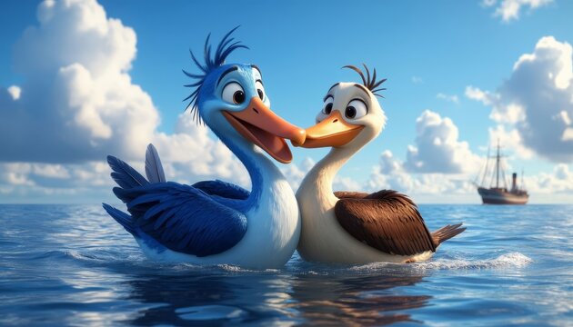Two animated ducks swim together in the water. The blue duck and the brown duck are happy and surrounded by a blue sky with fluffy clouds.